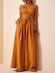 Zivah 2026春夏新款音乐节、复活节、圣帕特里克节、情人节、约会、西部风、游牧风、生日派对、毕业典礼、大学、学生、日常休闲、百搭、休闲、邮轮旅行、海滩、日光浴、热门单品、街头服饰、婚礼宾客波西米亚风、通勤、早午餐、机场、派对、假日郊游、办公装、露背系带上衣和阔腿褶皱棕色亚麻裤两件套 - 棕色 - 查看 8