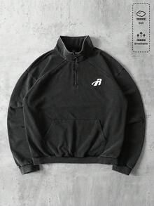 ROMWE MEN Essentials Men's Vintage Letter Print Zip-Up Half Placket Washed Pullover Pullover Sweatshirt - Black - View 1