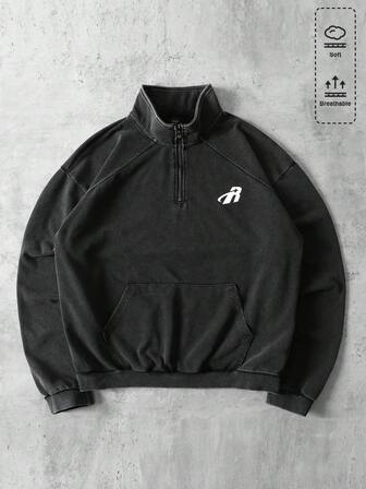 Men's Vintage Letter Print Zip-Up Half Placket Washed Pullover Pullover Sweatshirt