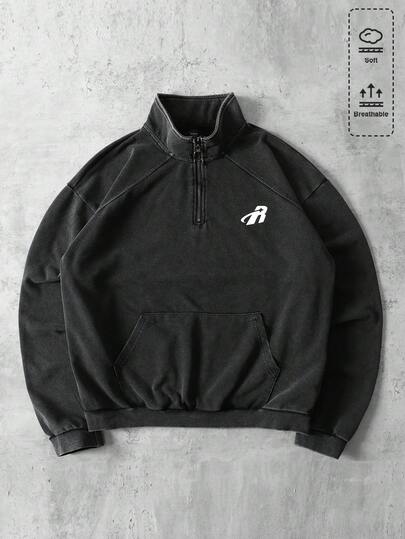 Felpa con chiusura lampo e mezza patta uomo, con stampa vintage a lettere, lavata