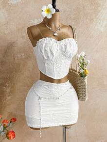 Soleia Frühlings-/Sommer-Neuheit Lässig Urlaubs-Western-Strandgast-Hochzeit Outfit, Graduationsbrunch Damen Outfit, St. Patrick's Day Frühlingsferien Ostern Musikfestival Elegantes Bohème Tropical Bandeau Crop Top & Rock Set, Weißer Rock und Top Set - Weiss - Übersicht 5