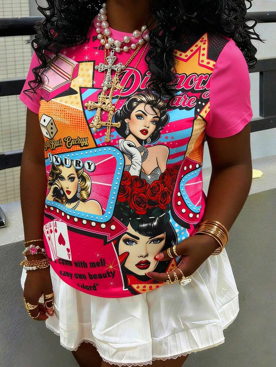 Rovax Áo thun nữ tay ngắn cổ tròn in hình dáng thường ngày, thích hợp mặc mùa hè. - Nhiều màu - Xem 1