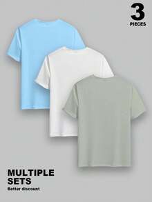 Manfinity Homme Men's Casual Solid Color Crew Neck Short Sleeve T-Shirt, Summer 3pcs/Set Mens Tshirt - Green - View 2