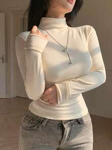 DAZY Women's Solid Color Thermal Lined Turtleneck Tight Fit Base Layer Top, Autumn - Beige - View 6