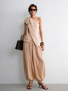 ATUI Studio Áo kiểu nữ màu trơn, cổ lệch, nơ phối màu tương phản, không tay, chất liệu vải lanh, kiểu dáng thanh lịch, thích hợp cho kỳ nghỉ, đi chơi hoặc đi làm hàng ngày. - Màu be - Xem 7