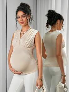 Momance Maternity Tank Top & Strap Tank Top, V-Neck Ruched Bust Design, Padded Cup, Slim Fit Tank Top - Apricot - View 7