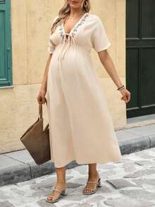 SHEIN Maternity Dress With Embroidered V-Neck, Front Tie Bow, A-Line Hem And Pockets, 100% Cotton Long Dress - Apricot - View 6