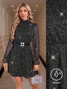 SHEIN Clasi Women's Ruffle Collar Mesh Long Sleeve Shiny Elegant Dress - Silver - View 8