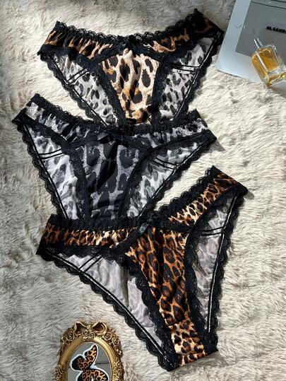 3pcs Plus Size Lace Patchwork Leopard Print Panties Set