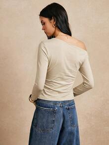 Poéselle Women's Casual Apricot Knitted Crop Top With Asymmetrical Neck Long Sleeves And Ruched Lace Details - Apricot - View 2