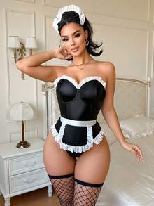 Fantasy Costume Charming Blooming Sexy PU Jumpsuit - Black and White - View 5