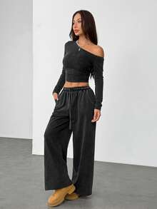 SHEIN PETITE Women's Daily Wear Essentials Knit Stretchy Comfy Asymmetrical Neck Long Sleeve Tops And Wide Leg Sweatpants Tracksuit Two Pieces Outfits Casual Two Piece Set Comfortable Two Piece Set - Black - View 5