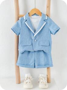 SHEIN 2pcs Baby Boy Preppy Gentleman Outfit, Contrast Color Short Sleeve Blazer And Elastic Waist Shorts Set, Suitable For Birthday Party, Rave, Evening Party, Performance, Wedding, Baby Shower, 1st Birthday Celebration Baby Boy Blue Suit Blazer For Baby Boy 18m Boy Dress Suit - Multicolor - View 4