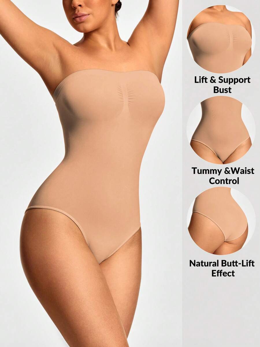 SHAPORA 女士简约纯色无钢圈舒适连体裤 - 杏色 - 查看 1