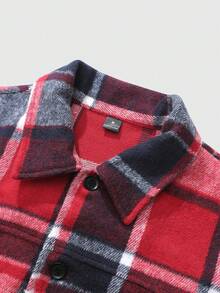 Manfinity Homme 1pc Men's Wool Blend Plaid Tweed Jacket, Casual Everyday Design With Black Button Decor, Functional Pockets, Slim Fit Comfortable Silhouette, Versatile For Commute, School, Vacation, Great Gift For Husband Or Boyfriend, Unisex Couple Matching Plaid Flannel Flannels For Men Men Shacket Plaid Jacket Men - Red - View 8