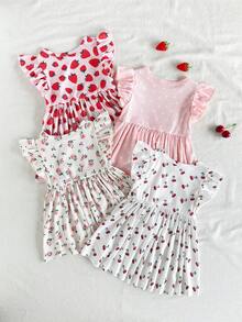 Vintaside Kids 4pcs/Set Toddler Girls' Cute Floral Print Cap Sleeve Casual Dress, Summer - Multicolor - View 2