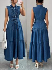 Elenzga Women's Collared Button Ruffle Hem Waist Tie Design Denim Dress, Fashionable For Dates And Parties - Blue - View 1