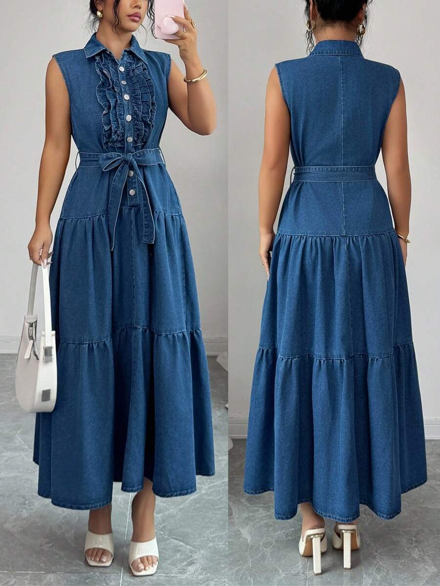 Elenzga Women's Collared Button Ruffle Hem Waist Tie Design Denim Dress, Fashionable For Dates And Parties - Blue - View 1