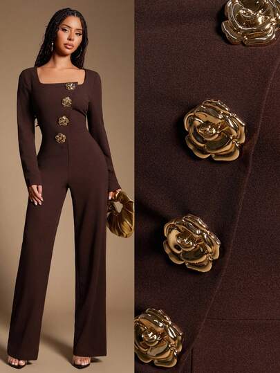 Radiana 女士性感优雅咖啡棕色方领长袖金色金属纽扣装饰连体裤，弹力针织修身连体裤，长款连体裤，适合日常穿着、办公室、通勤、正式场合。