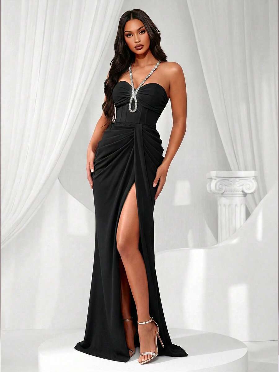 Coutiva Women's Solid Color High Slit Strapless Formal Evening Gown