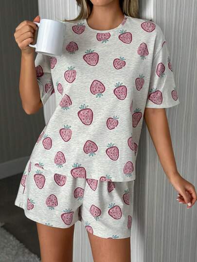 EURMUSE Cotton Women 2 Pcs Strawberry Pattern Round Neck With SHORT Sleeve Shirt& SHORTS Comfort Homewear Pajama Set For Ladies Fruit Pajama Set Strawberry Pjs Pajamas Set Summer Lounge Wear Sets Summer Sleep Wear Women Summer