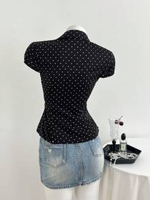 Elamini Women's Black Polka Dot V-Neck Puff Sleeve Blouse, Versatile For Commuting And Daily Wear - Black - View 2