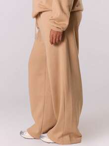 MUSERA Plus Straight Leg Patch Logo Tracksuit Bottom Joggers   Casual Everyday Basics Cosy Spring - Khaki - View 4