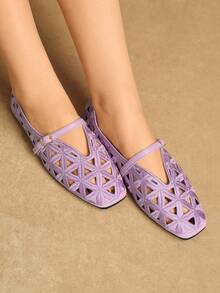 Rosivie Elegant Hollow-Out Flat Shoes For Women, Fashion & Comfortable, French Square Toe Graceful Flats - Purple - View 5