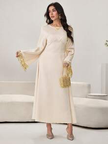 Yasmyna Women's Apricot Silk Blend Satin Long Sleeve Fringe Trim Cinched Waist A-Line Elegant Arabic Dress, Spring/Summer - Apricot - View 6