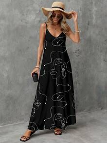 SHEIN LUNE 女士舒适弹力针织休闲度假长款吊带连衣裙，适合夏季穿着 - 黑色 - 查看 7