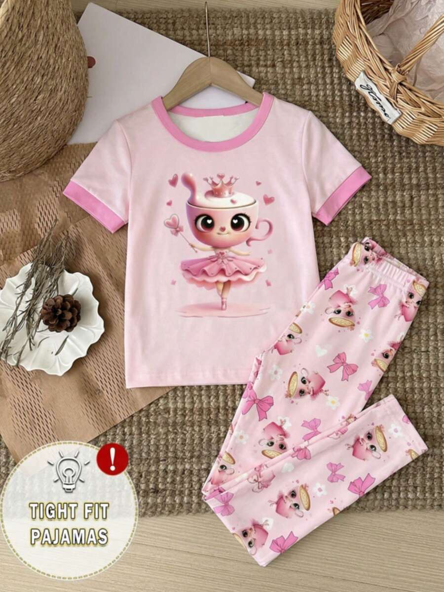 Tween Girl Casual Cartoon Pattern Short Sleeve Crew Neck T-Shirt Top And Snug Fit Leggings Loungewear Set
