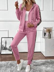 EURMUSE 2pcs Women Leopard Print Zip-Up Hooded Long Sleeve Top And Pants Set - Rusty Rose - View 8