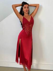 Aloruh 女士性感侧高开叉蕾丝拼接超长睡袍 - 酒紅色 - 查看 6