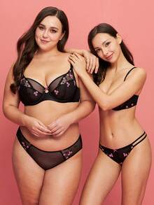 LUVLETTE Plus Valentine's Day Rose Embroidered Elegance Lingerie Lounge Curve Full Coverage Breathable Sexy Unlined Black Floral Lace Sheer Minimizer Mesh Bra  Romantic Gifts Bra - Black - View 6