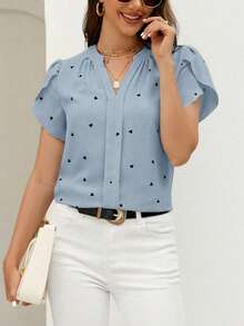 Reflora Plus Size Notch Neck Petal Sleeve Heart Print Minimalist Top Valentines - Baby Blue - View 8
