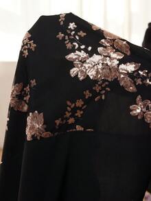 Modelyn 大码拼接串珠刺绣优雅方领长袖连衣裙 - 黑色 - 查看 4