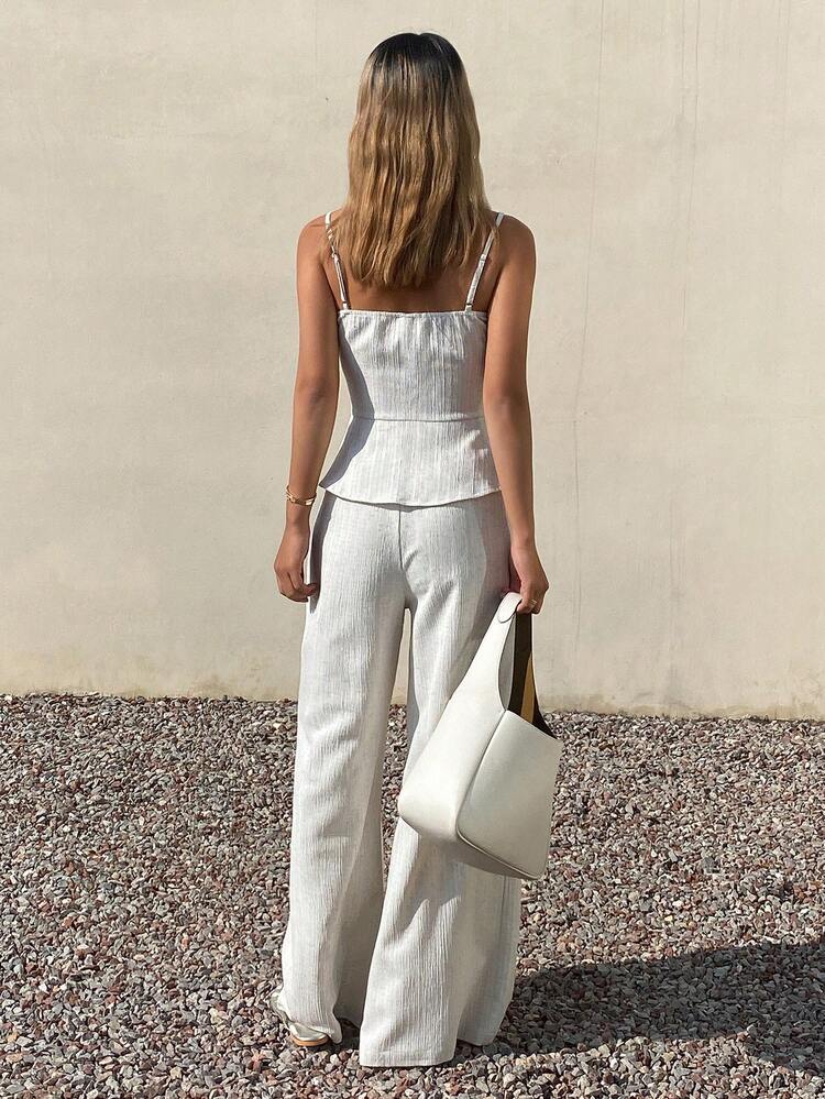 Women's Elegant Tie-Up Camisole & Wide Leg Pants 2 Pieces Set, Spring/Summer Vacation