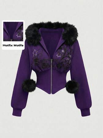 Grunge Punk Sudadera con capucha con estampado de leopardo ajustada de subcultura Y2K con estampado floral vintage y decoración de rhinestones para mujeres