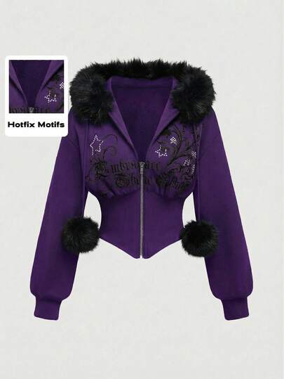 Grunge Punk Sudadera con capucha con estampado de leopardo ajustada de subcultura Y2K con estampado floral vintage y decoración de rhinestones para mujeres