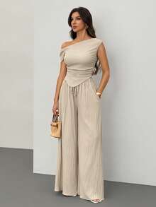 SHEIN Tall 2pcs/Set 2025 Spring & Summer New Collection Music Festival, Easter, St.Patrick's Day, Western Style, Nomadic Style, Birthday Party, Graduation Season, Collegiate Style, Student Wear, Casual Everyday Asymmetrical Shoulder Design Ruched Hem Cropped Top And Textured Fabric Wide Pants Two Pieces Set - Apricot - View 7