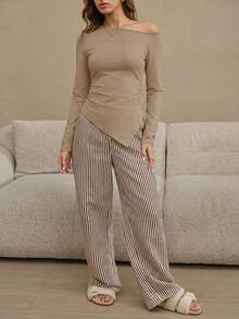 SHEIN 女士纯色不对称肩长袖上衣和条纹裤睡衣套装 - 杏色 - 查看 5