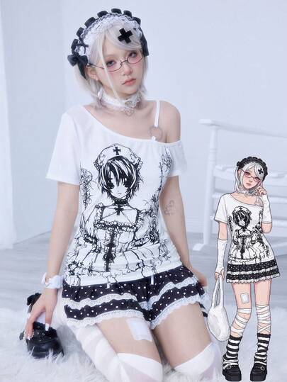 Anime Millennium Cartoon Reben Kreuz Träger Kurzarm Elastisch Geraffte Damen T-Shirt