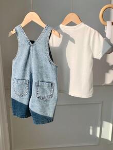2pcs/Set Young BoyFitted Denim Bib Shorts And White T-Shirt - Blue - View 2