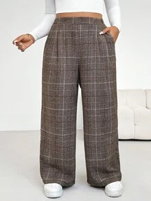 SHEIN PETITE CURVE Plus Size Casual Plaid Straight Leg Pants Curve Pants, Daily Life, Commuting, Parties, Graduation, Office, Dating, Spring, Going Out, Casual For Women - Multicolor - View 6