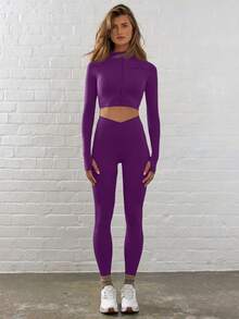 Musera Sport Seamless Letter Graphic Thumbholes Crop Sports Jacket - Violet Purple - View 4