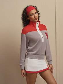 SHEIN Unity 女士字母图案落肩长袖贴布半开襟校园运动卫衣棒球服女式运动裙女式棒球衫女式棒球服女式 - 淺灰色 - 查看 3