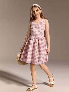 SHEIN Girls' French Style Sweet Pink Plaid Sleeveless Dress, Suitable For School, Gathering, Casual Wear, Spring/Summer - Red - View 3