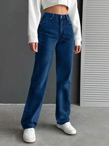 EURMUSE Damen Jeans mit Taschen und Knöpfen, vielseitig einsetzbar für den Alltag und den Arbeitsweg - Blau - Übersicht 4