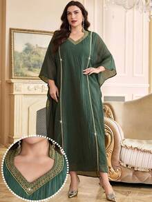 Al Najma Plus Size Women Elegant Patchwork Ribbon V-Neck Textured Dress, Autumn Plus Size Green Dress