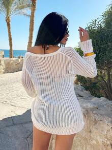 SHEIN Beige Loose Knit Pullover With Deep V Split Neck And Lightweight Rib Texture For Summer Beach Look - White - View 2